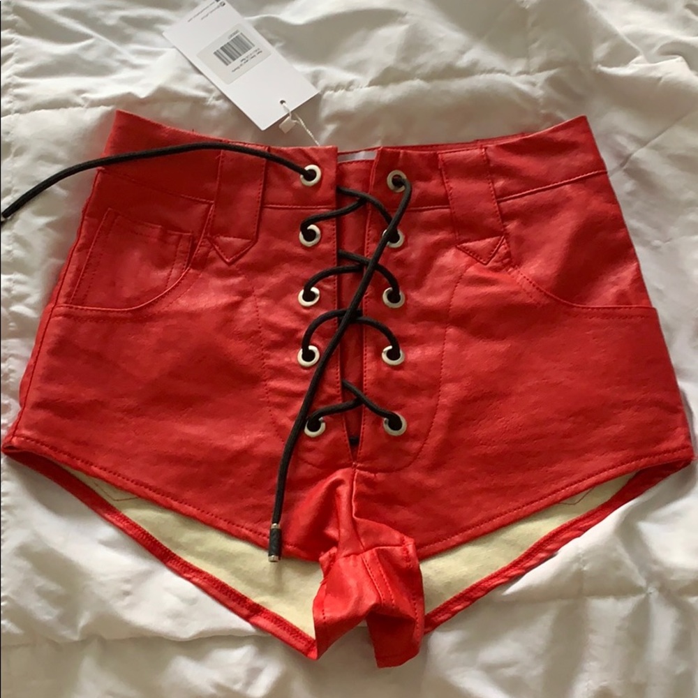 red leather lace up shorts